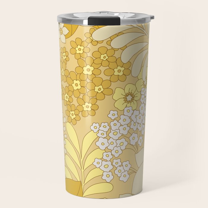 Yellow, Ivory & Brown Retro Floral Pattern Travel Mug Gallery Image 1