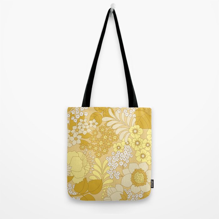 Yellow, Ivory & Brown Retro Floral Pattern Tote Bag Gallery Image 2
