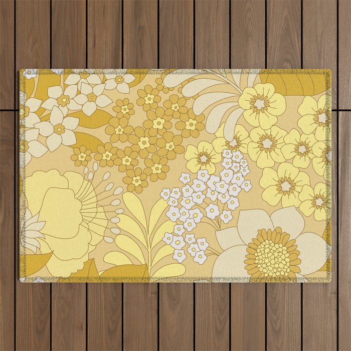 Yellow, Ivory & Brown Retro Floral Pattern Outdoor Rug Gallery Image 1