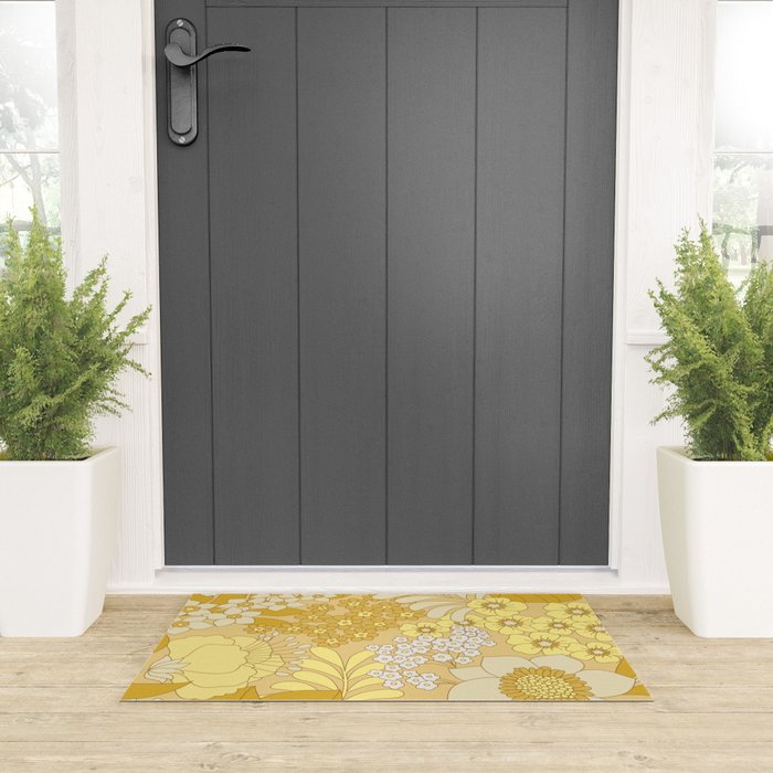Yellow, Ivory & Brown Retro Floral Pattern Welcome Mat Gallery Image 3