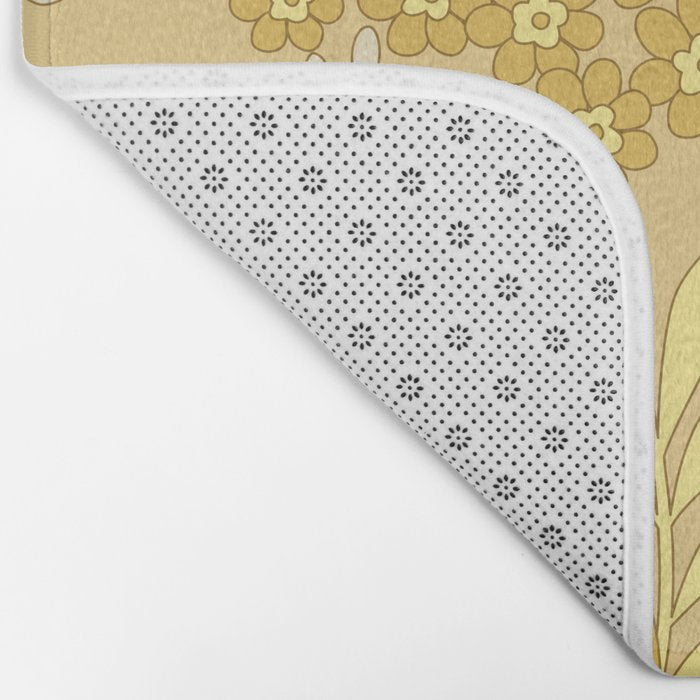 Yellow, Ivory & Brown Retro Floral Pattern Bath Mat Gallery Image 2