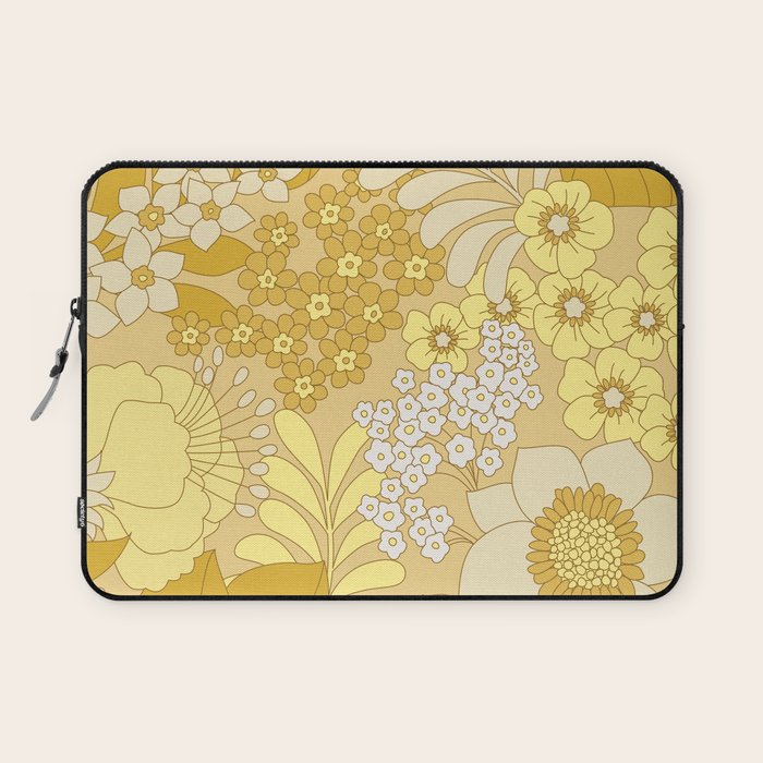 Yellow, Ivory & Brown Retro Floral Pattern Laptop Sleeve Gallery Image 1
