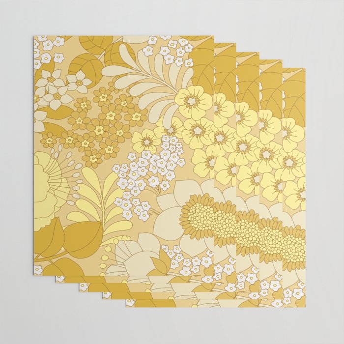Yellow, Ivory & Brown Retro Floral Pattern Wrapping Paper Gallery Image 3