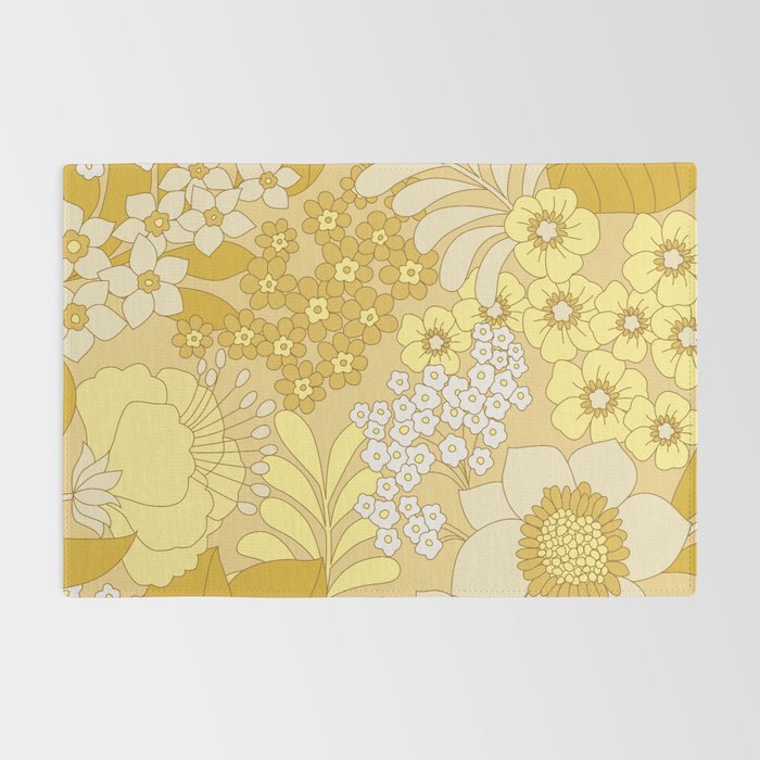 Yellow, Ivory & Brown Retro Floral Pattern Rug Gallery Image 2