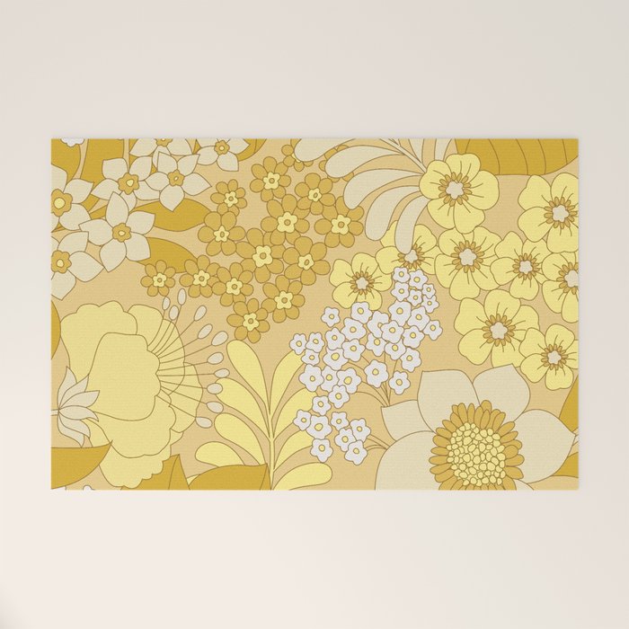 Yellow, Ivory & Brown Retro Floral Pattern Welcome Mat Gallery Image 1