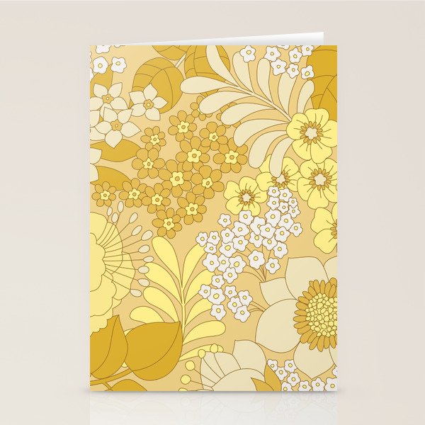 Yellow, Ivory & Brown Retro Floral Pattern Stationery Card Gallery Image 2
