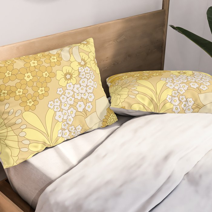 Yellow, Ivory & Brown Retro Floral Pattern Pillow Sham Gallery Image 2