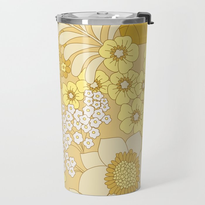 Yellow, Ivory & Brown Retro Floral Pattern Travel Mug Gallery Image 2