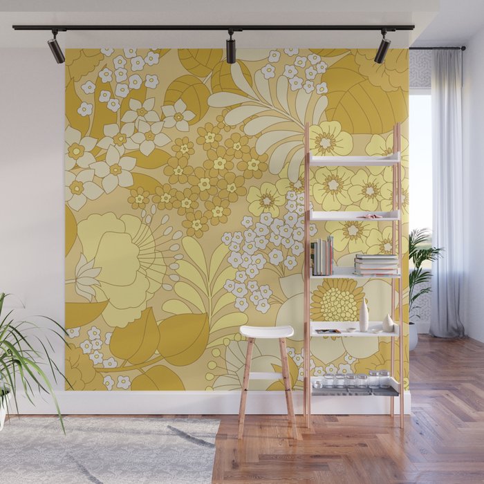 Yellow, Ivory & Brown Retro Floral Pattern Wall Mural Gallery Image 1