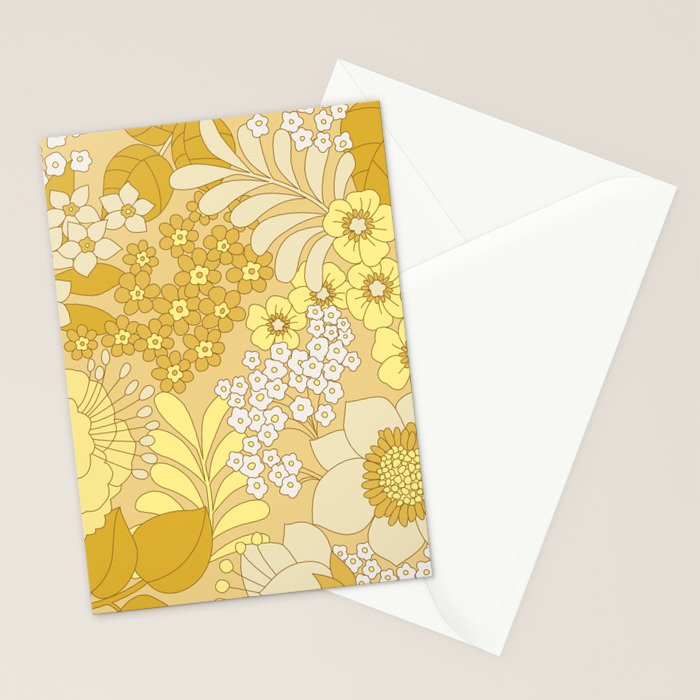 Yellow, Ivory & Brown Retro Floral Pattern Stationery Card Gallery Image 2