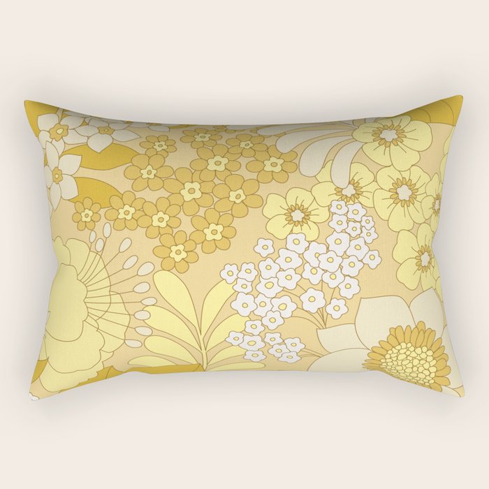 Yellow, Ivory & Brown Retro Floral Pattern Rectangular Pillow Gallery Image 2