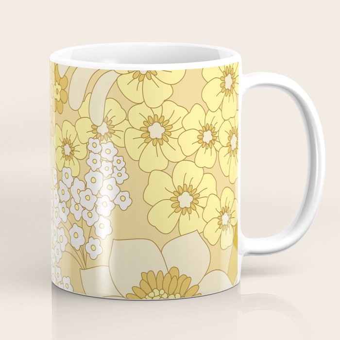 Yellow, Ivory & Brown Retro Floral Pattern Coffee Mug Gallery Image 1