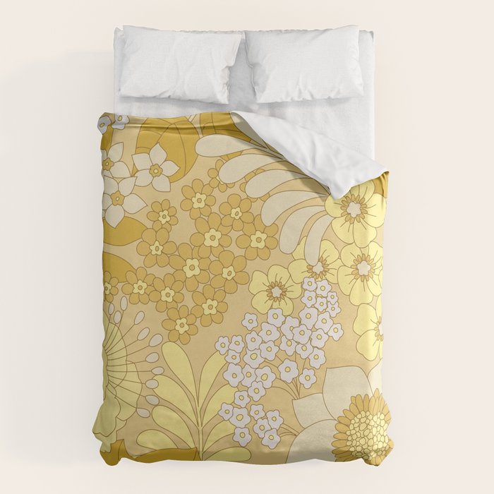 Yellow, Ivory & Brown Retro Floral Pattern Duvet Cover Gallery Image 1