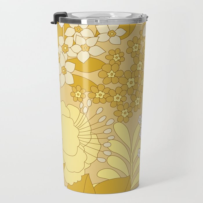 Yellow, Ivory & Brown Retro Floral Pattern Travel Mug Gallery Image 3