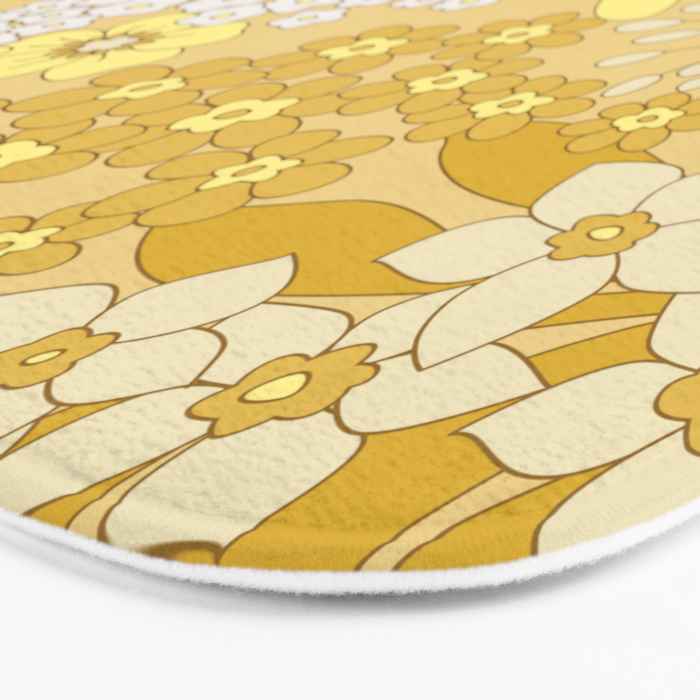 Yellow, Ivory & Brown Retro Floral Pattern Bath Mat Gallery Image 3