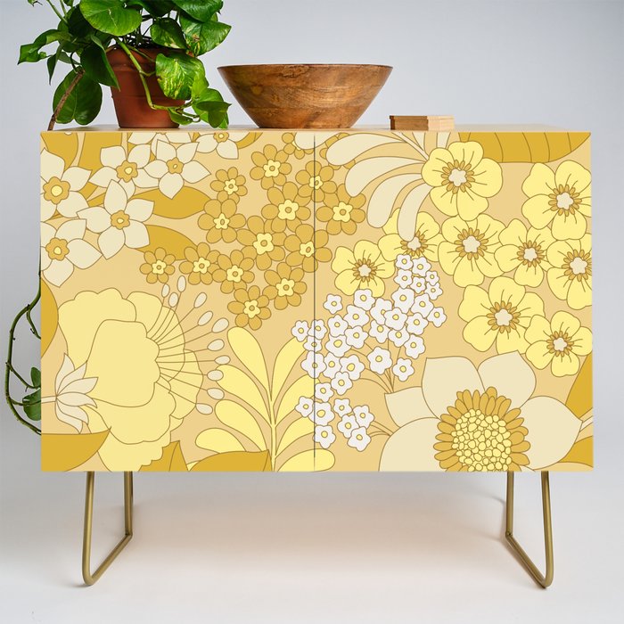 Yellow, Ivory & Brown Retro Floral Pattern Credenza Gallery Image 1