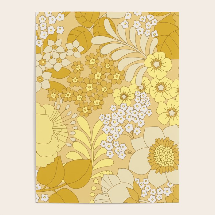 Yellow, Ivory & Brown Retro Floral Pattern Poster Gallery Image 1