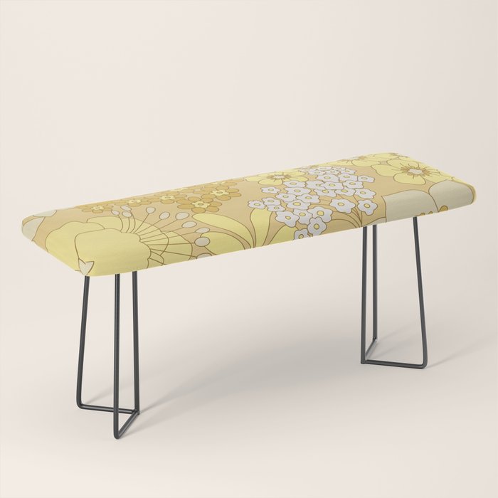 Yellow, Ivory & Brown Retro Floral Pattern Bench Gallery Image 1