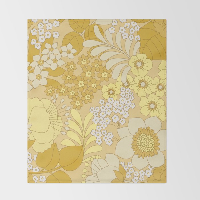 Yellow, Ivory & Brown Retro Floral Pattern Throw Blanket Gallery Image 2