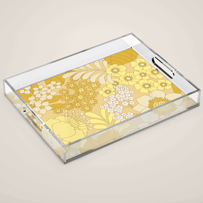 Yellow, Ivory & Brown Retro Floral Pattern Acrylic Tray Gallery Image 1