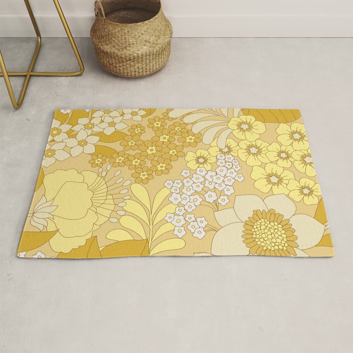 Yellow, Ivory & Brown Retro Floral Pattern Rug Gallery Image 1
