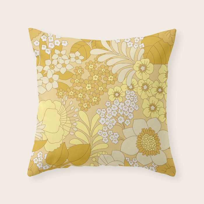 Yellow, Ivory & Brown Retro Floral Pattern Throw Pillow Gallery Image 6