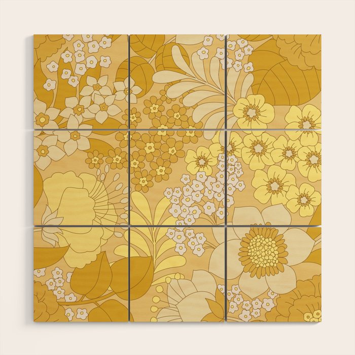 Yellow, Ivory & Brown Retro Floral Pattern Wood Wall Art Gallery Image 1