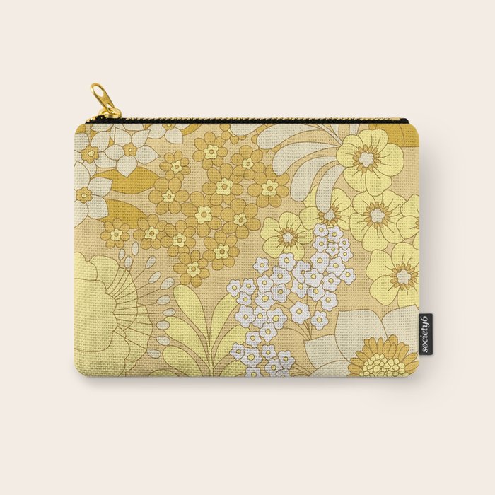 Yellow, Ivory & Brown Retro Floral Pattern Carry All Pouch Gallery Image 1