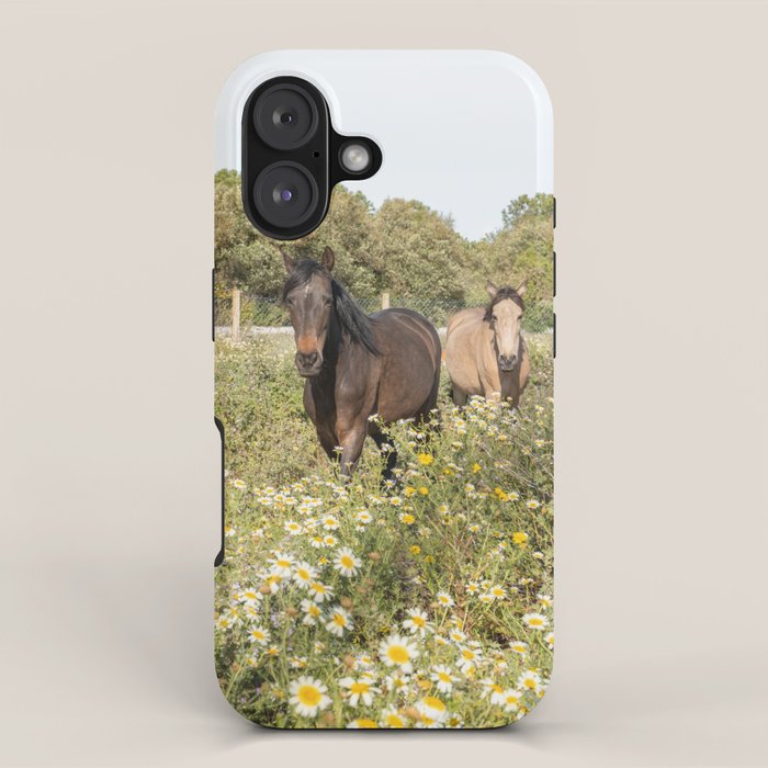 Horses in a Field of Wildflowers | Portugal Travel Art Print | Animal Photography in Europe iPhone Case Gallery Image 1