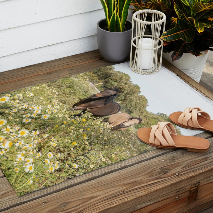 Horses in a Field of Wildflowers | Portugal Travel Art Print | Animal Photography in Europe Outdoor Rug Gallery Image 2