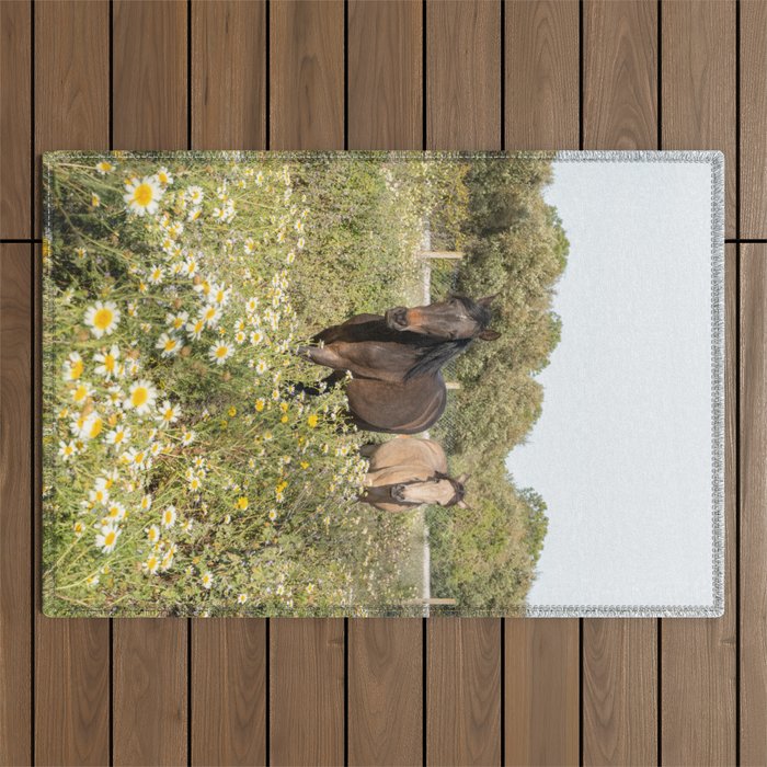 Horses in a Field of Wildflowers | Portugal Travel Art Print | Animal Photography in Europe Outdoor Rug Gallery Image 1