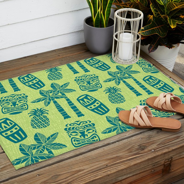 Retro Mid Century Modern Tiki Pattern 543 Green and Chartreuse Tweed Outdoor Rug Gallery Image 2