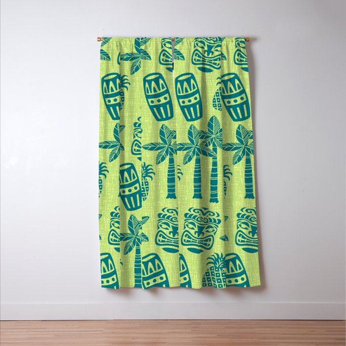 Retro Mid Century Modern Tiki Pattern 543 Green and Chartreuse Tweed Window Curtain Gallery Image 3