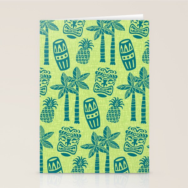 Retro Mid Century Modern Tiki Pattern 543 Green and Chartreuse Tweed Stationery Card Gallery Image 1