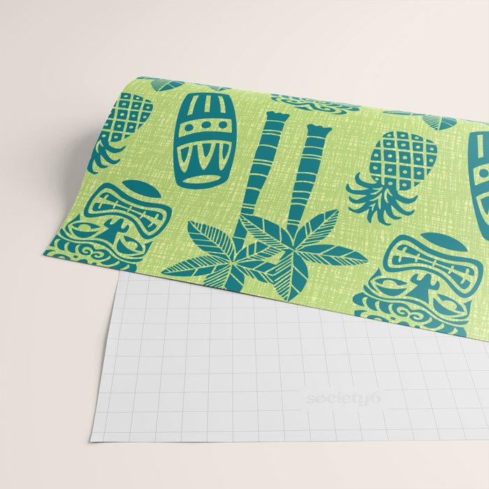 Retro Mid Century Modern Tiki Pattern 543 Green and Chartreuse Tweed Wrapping Paper Gallery Image 2