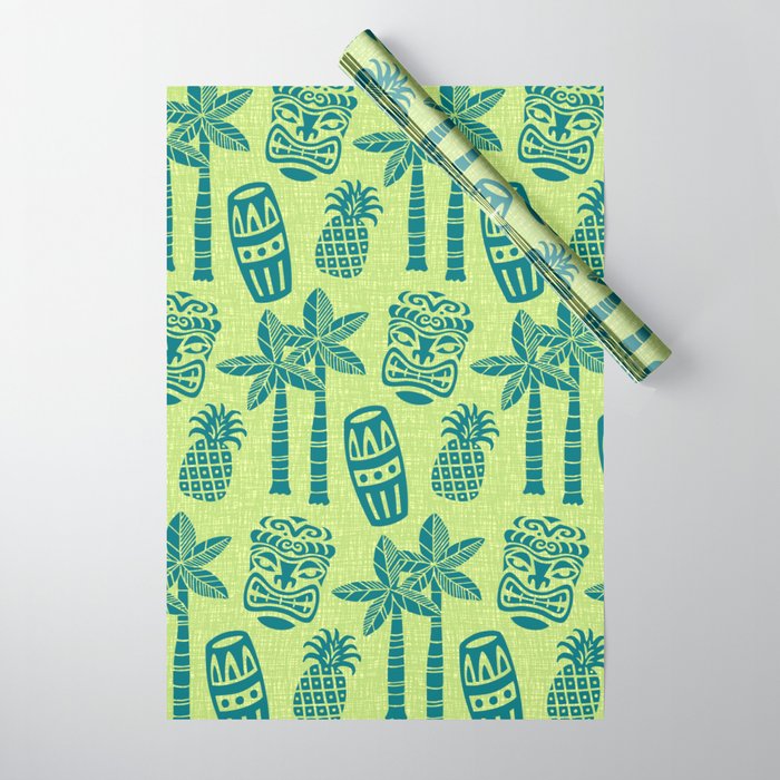 Retro Mid Century Modern Tiki Pattern 543 Green and Chartreuse Tweed Wrapping Paper Gallery Image 1