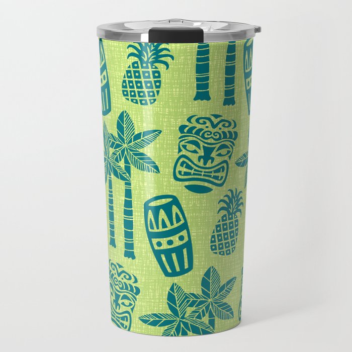Retro Mid Century Modern Tiki Pattern 543 Green and Chartreuse Tweed Travel Mug Gallery Image 1