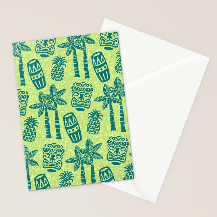 Retro Mid Century Modern Tiki Pattern 543 Green and Chartreuse Tweed Stationery Card Gallery Image 2