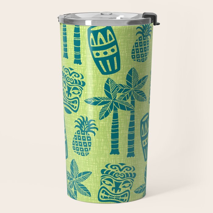 Retro Mid Century Modern Tiki Pattern 543 Green and Chartreuse Tweed Travel Mug Gallery Image 2
