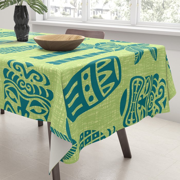 Retro Mid Century Modern Tiki Pattern 543 Green and Chartreuse Tweed Tablecloth Gallery Image 3