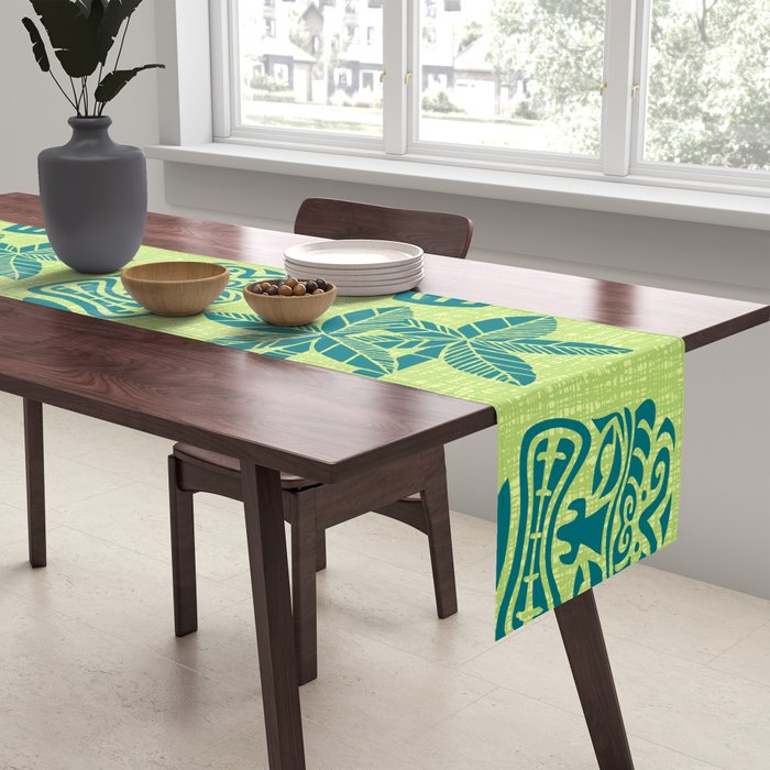 Retro Mid Century Modern Tiki Pattern 543 Green and Chartreuse Tweed Table Runner Gallery Image 2