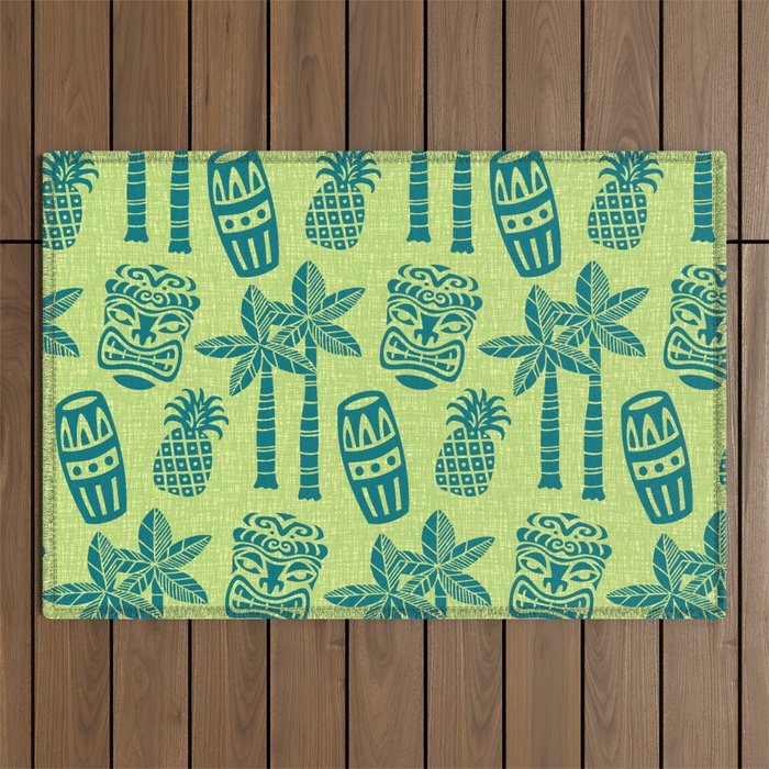 Retro Mid Century Modern Tiki Pattern 543 Green and Chartreuse Tweed Outdoor Rug Gallery Image 1