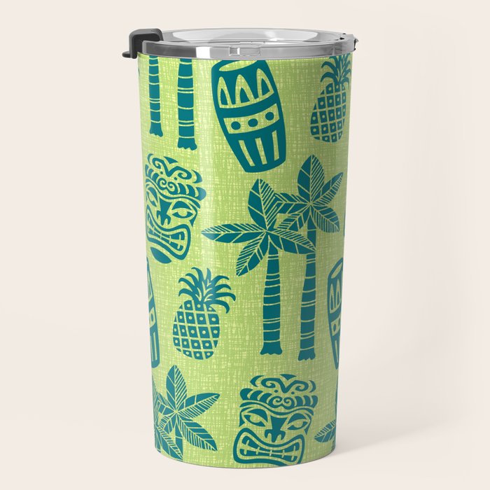 Retro Mid Century Modern Tiki Pattern 543 Green and Chartreuse Tweed Travel Mug Gallery Image 3