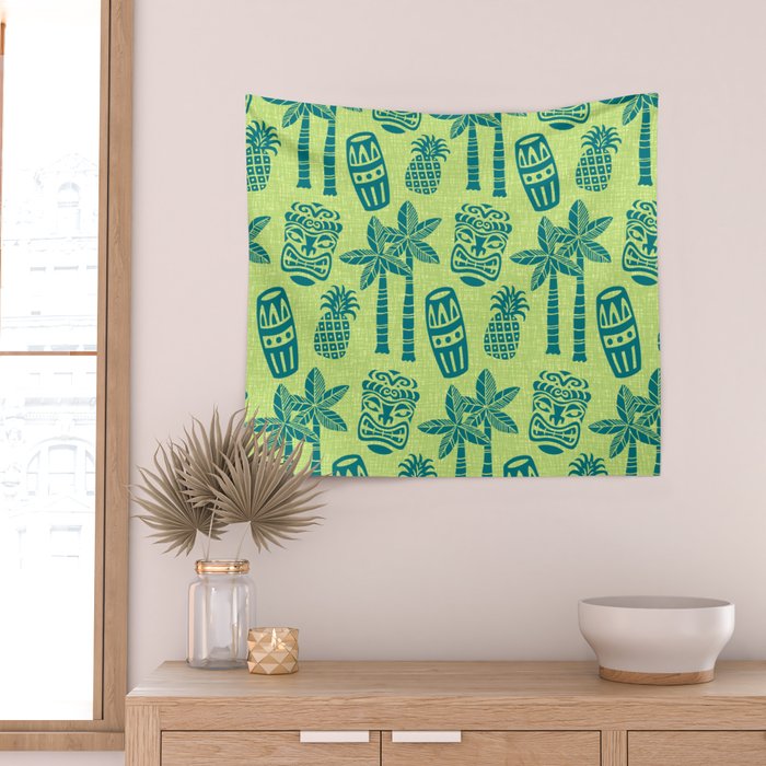 Retro Mid Century Modern Tiki Pattern 543 Green and Chartreuse Tweed Wall Tapestry Gallery Image 2