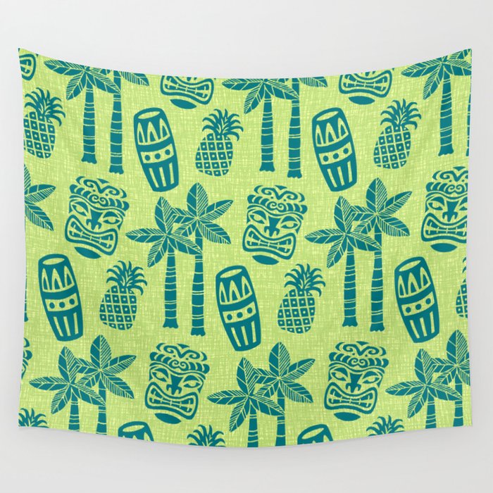 Retro Mid Century Modern Tiki Pattern 543 Green and Chartreuse Tweed Wall Tapestry Gallery Image 4