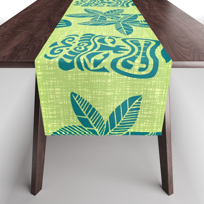 Retro Mid Century Modern Tiki Pattern 543 Green and Chartreuse Tweed Table Runner Gallery Image 1