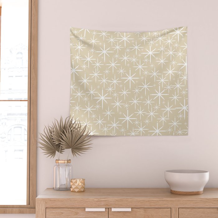 Twinkling Mid Century Modern Starburst Pattern in Light Beige and White Wall Tapestry Gallery Image 2