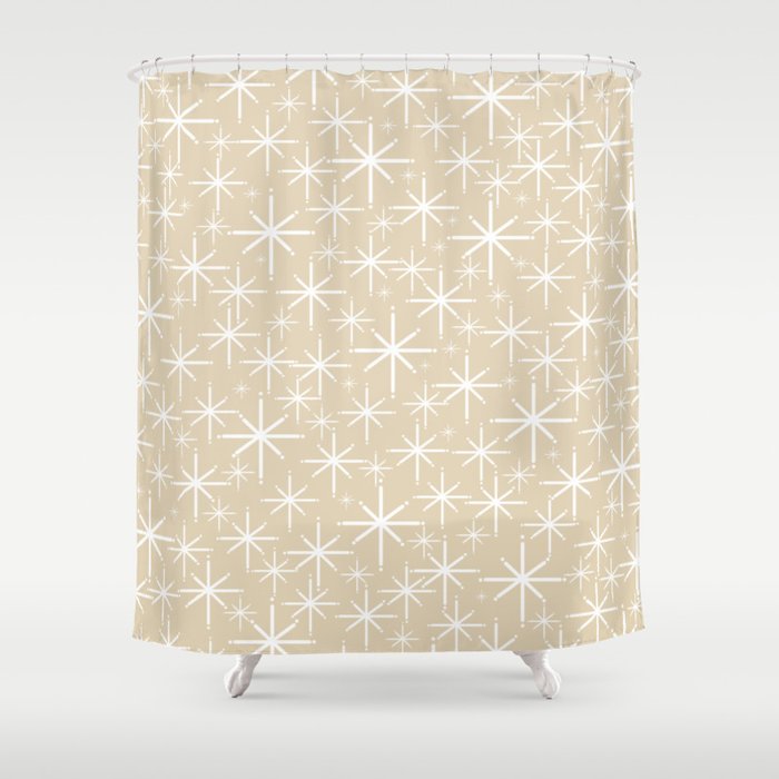 Twinkling Mid Century Modern Starburst Pattern in Light Beige and White Shower Curtain Gallery Image 1