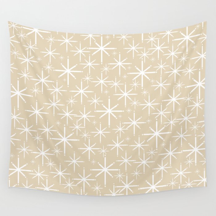 Twinkling Mid Century Modern Starburst Pattern in Light Beige and White Wall Tapestry Gallery Image 1