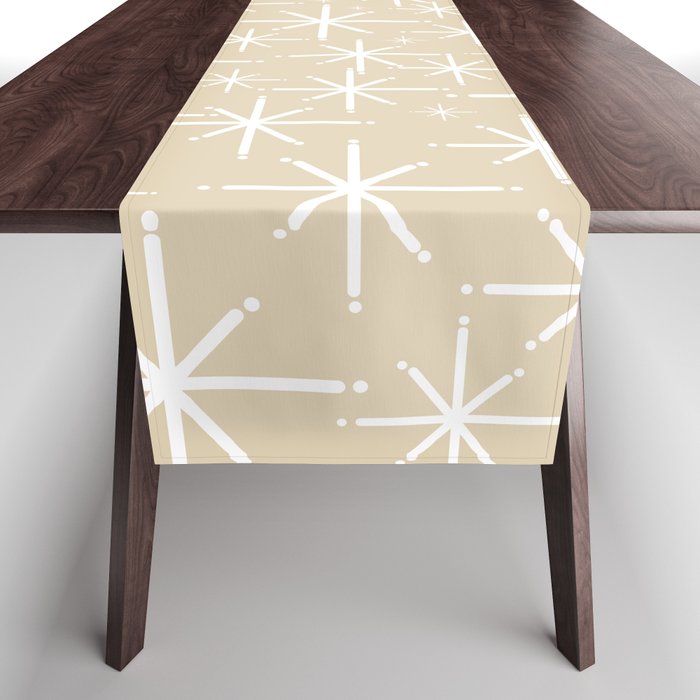 Twinkling Mid Century Modern Starburst Pattern in Light Beige and White Table Runner Gallery Image 1
